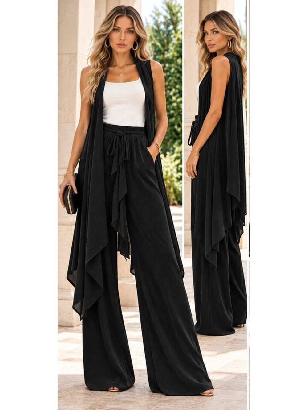 Women's Black Pleated Wide Leg Pants & Duster Vest 2 Piece Set NWT Iconic VTG